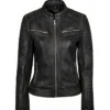 Womens Simple Black Distressed Leather Jacket Main