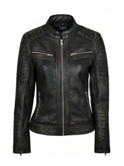 Womens Simple Black Distressed Leather Jacket Main