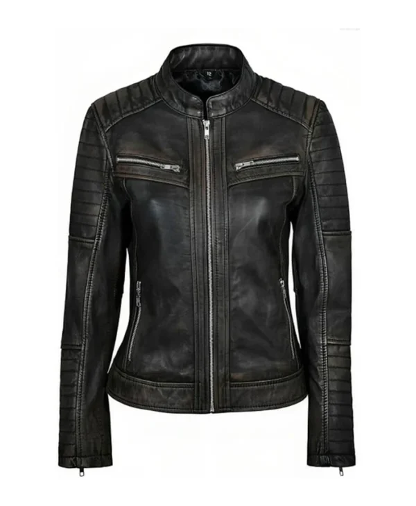 Womens Simple Black Distressed Leather Jacket Main