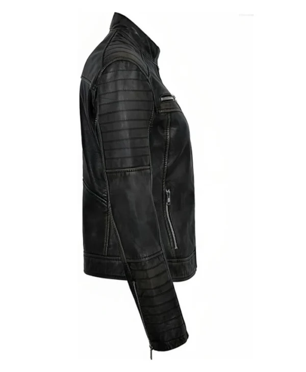 Womens Simple Black Distressed Leather Jacket Right Side