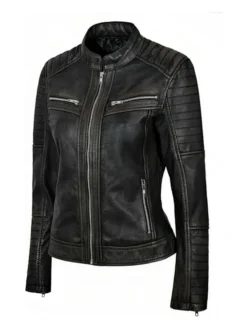 Womens Simple Black Distressed Leather Jacket Side