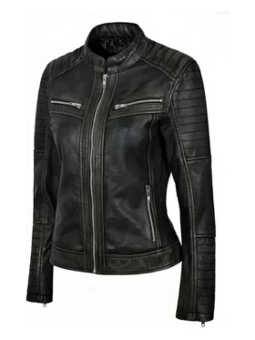 Women’s Simple Black Distressed Leather Jacket Side