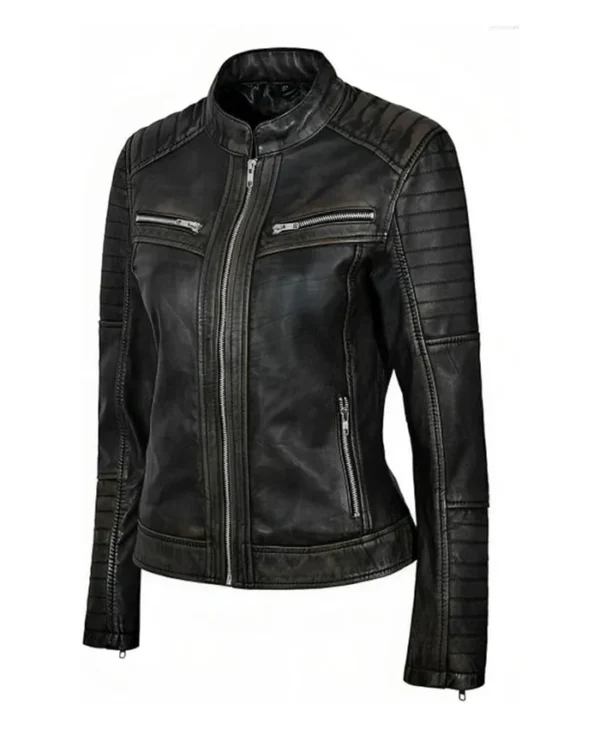 Womens Simple Black Distressed Leather Jacket Side