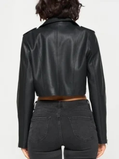 Womens Stylish Black Cropped Leather Jacket Back