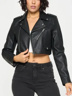 Womens Stylish Black Cropped Leather Jacket Main