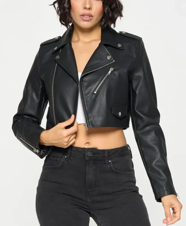 Womens Stylish Black Cropped Leather Jacket Main