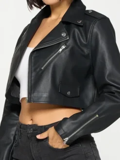Womens Stylish Black Cropped Leather Jacket Pockets
