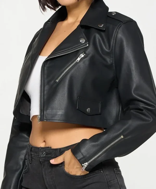 Womens Stylish Black Cropped Leather Jacket Pockets