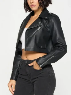 Womens Stylish Black Cropped Leather Jacket Side
