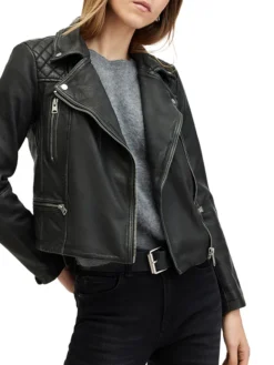 Womens Stylish Quilted Black Leather Jacket Front