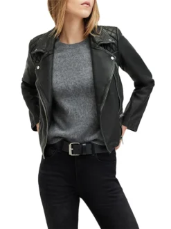 Womens Stylish Quilted Black Leather Jacket Stand Up