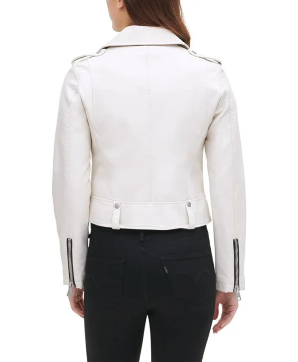 Women's White Biker Leather Jacket Back