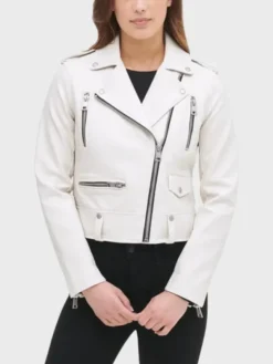 Women’s White Biker Leather Jacket Front
