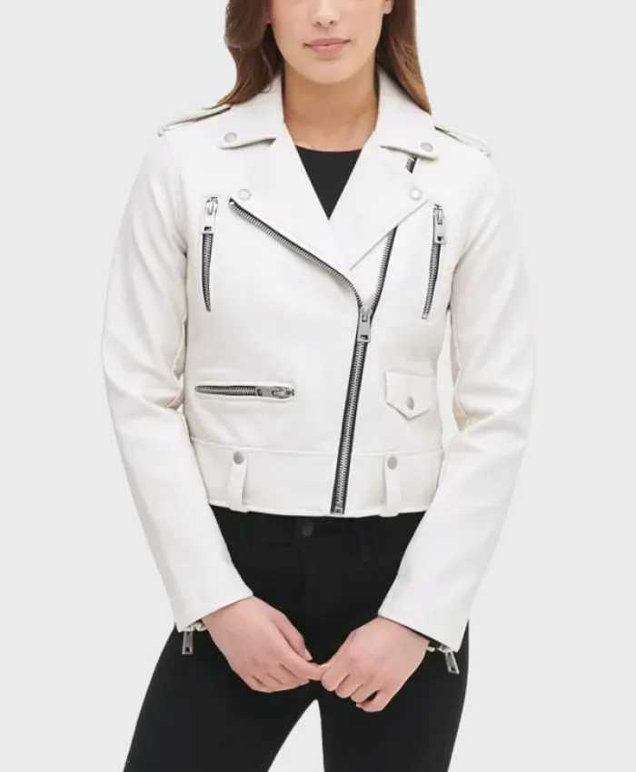 Women’s White Biker Leather Jacket Front