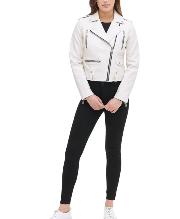 Women's White Biker Leather Jacket Stand