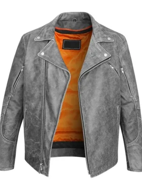 grey leather motorcycle jacket