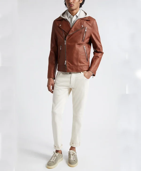 Alley Brown Mocha Leather Biker Jacket Stand Up