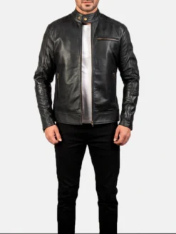 Ambrose Black Leather Biker Jacket Stand Up