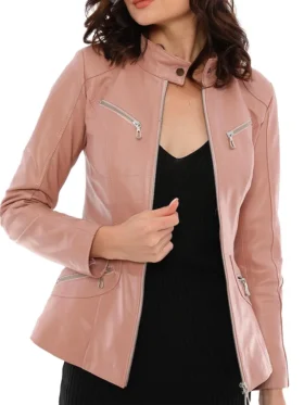 Amey Pink Leather Moto Jacket For Womens Main