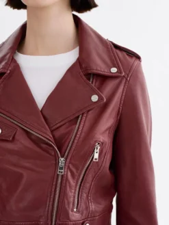 Ana Leather Burgundy Cropped Jacket Closure