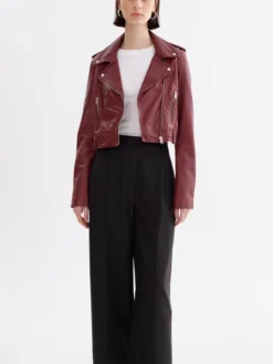 Ana Leather Burgundy Cropped Jacket Stand