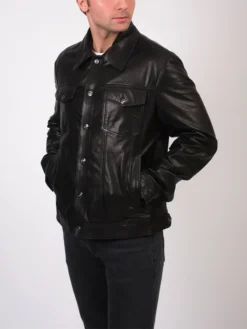Billy Classic Black Trucker Leather Jacket Buttoned