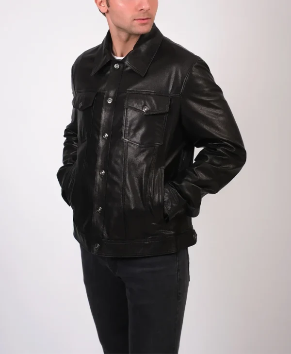 Billy Classic Black Trucker Leather Jacket Buttoned