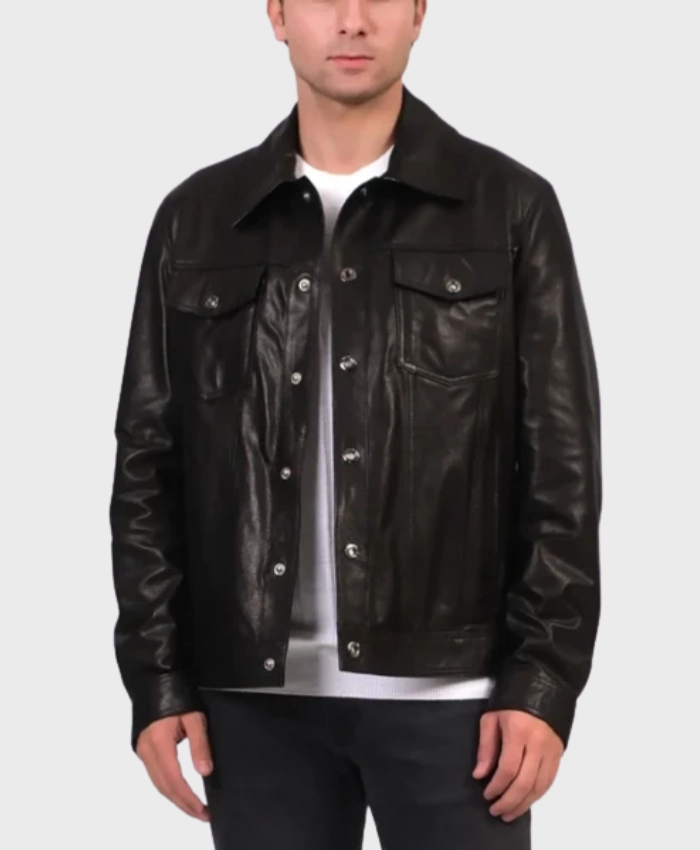 Billy Classic Black Trucker Leather Jacket Front