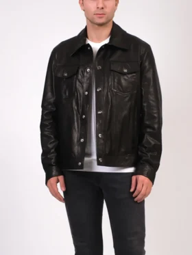 Billy Classic Black Trucker Leather Jacket Main