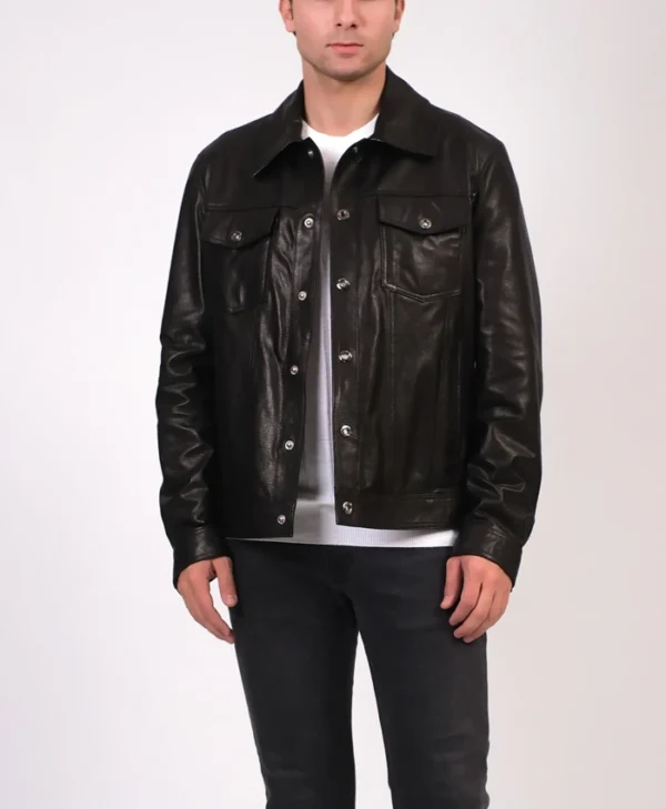 Billy Classic Black Trucker Leather Jacket Main