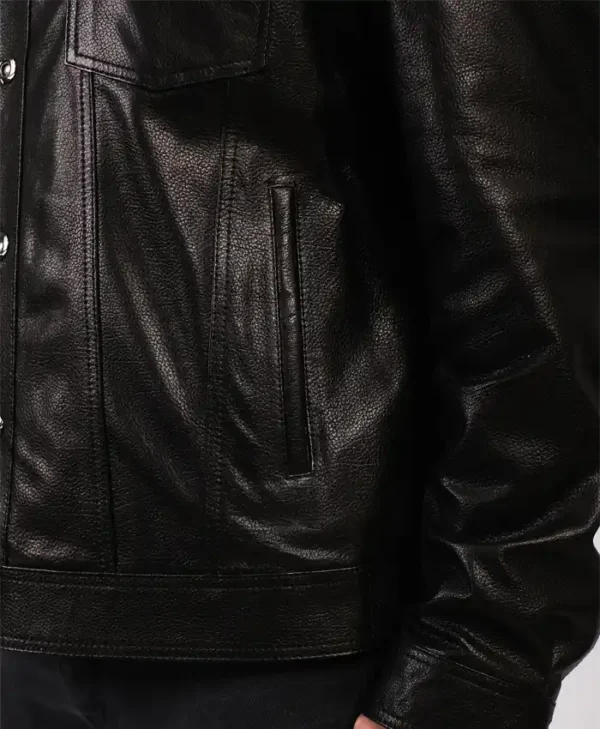 Billy Classic Black Trucker Leather Jacket Pockets