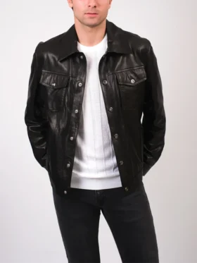 Billy Classic Black Trucker Leather Jacket Style