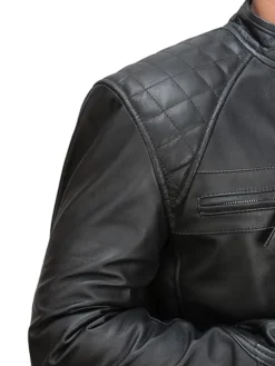 Black Mens Cafe Racer Jacket With Quilted Shoulders