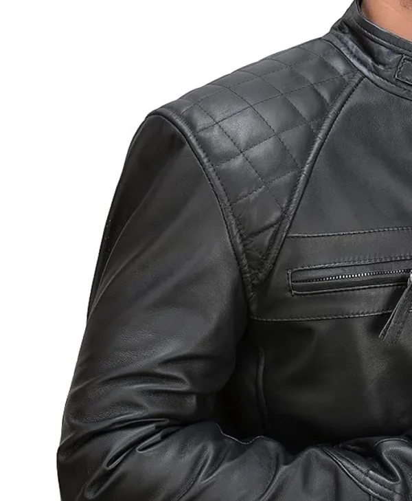 Black Mens Cafe Racer Jacket With Quilted Shoulders