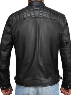 Black Mens Cafe Racer Jacket With Quilted Shoulders Back