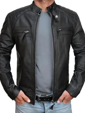 Black Mens Cafe Racer Jacket With Quilted Shoulders Main