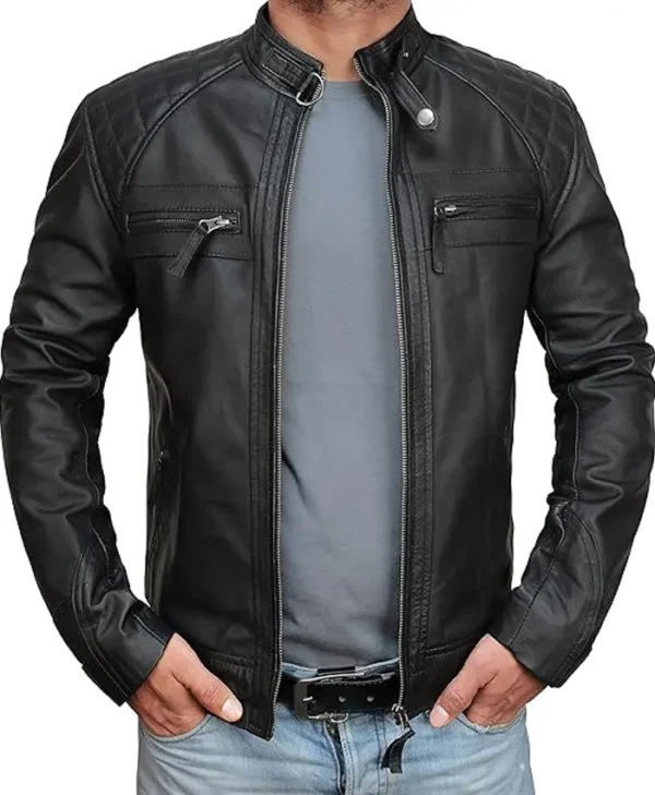 Black Mens Cafe Racer Jacket With Quilted Shoulders Main