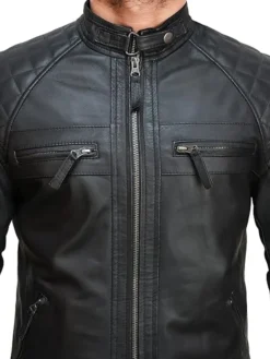 Black Mens Cafe Racer Jacket With Quilted Shoulders Pockets