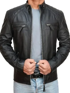 Black Mens Cafe Racer Jacket With Quilted Shoulders Style