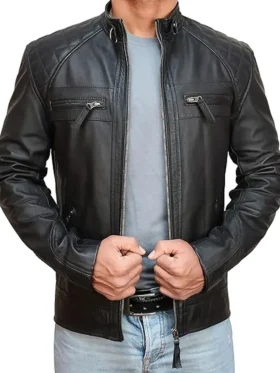 Black Mens Cafe Racer Jacket With Quilted Shoulders Style