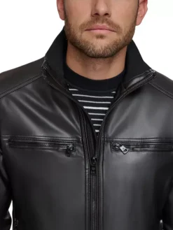 British Style Mens Black Leather Moto Jacket Collar