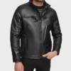 British Style Men’s Black Leather Moto Jacket Front