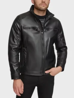 British Style Men’s Black Leather Moto Jacket Front
