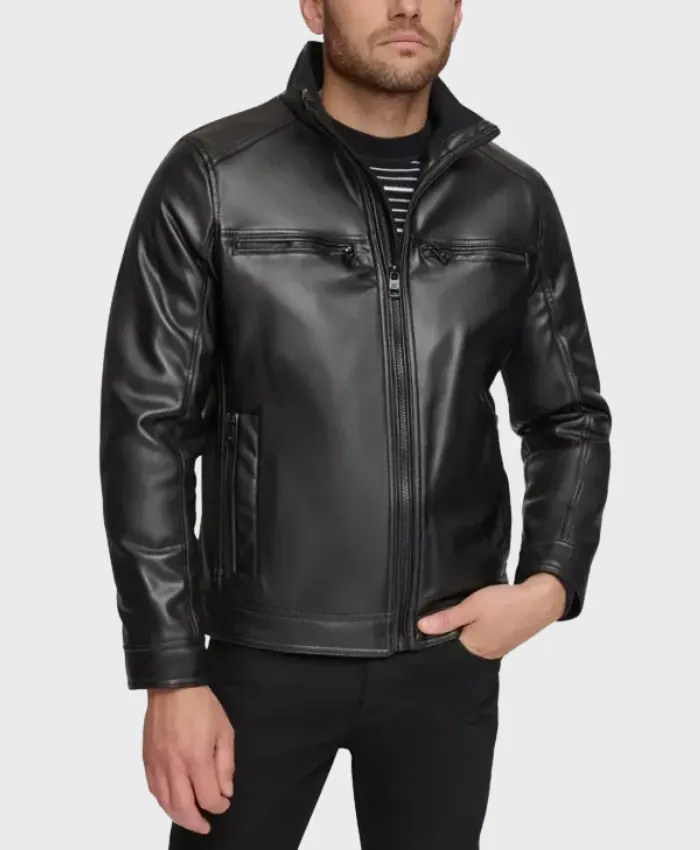 British Style Men’s Black Leather Moto Jacket Front