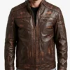 Brown Distressed Cafe Racer Leather Jacket