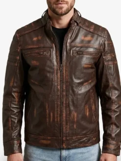 Brown Distressed Cafe Racer Leather Jacket