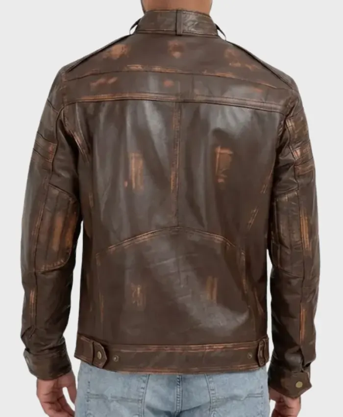 Brown Distressed Cafe Racer Leather Jacket Back