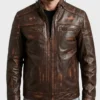 Brown Distressed Cafe Racer Leather Jacket Front