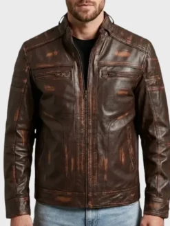 Brown Distressed Cafe Racer Leather Jacket Front