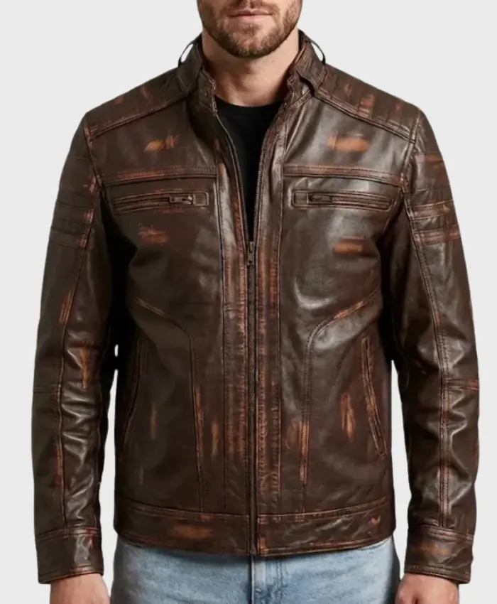 Brown Distressed Cafe Racer Leather Jacket Front